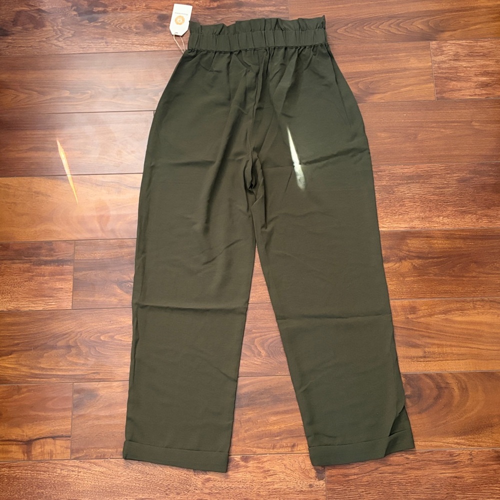 Chrysanthemum Olive Green High Waisted Paperbag Bow Trendy Cropped Trousers Sz S - Picture 5 of 5